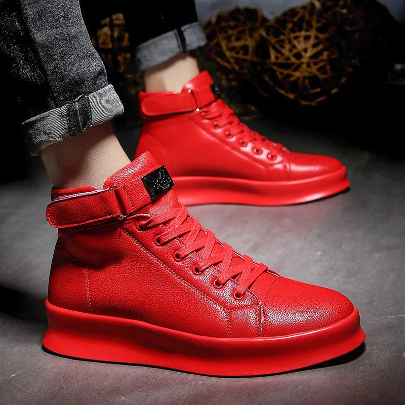 Fashion Luxury Men's Red High Top Sneakers PU Leather Casual Sneakers Men Flat Designer Shoes Breathable Hip Hop Sport Shoes Man